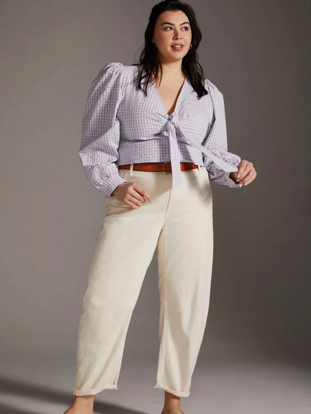 Maeve Anthropologie Cropped Gingham Bow Blouse Lavender Sz 14 Cottage Coastal